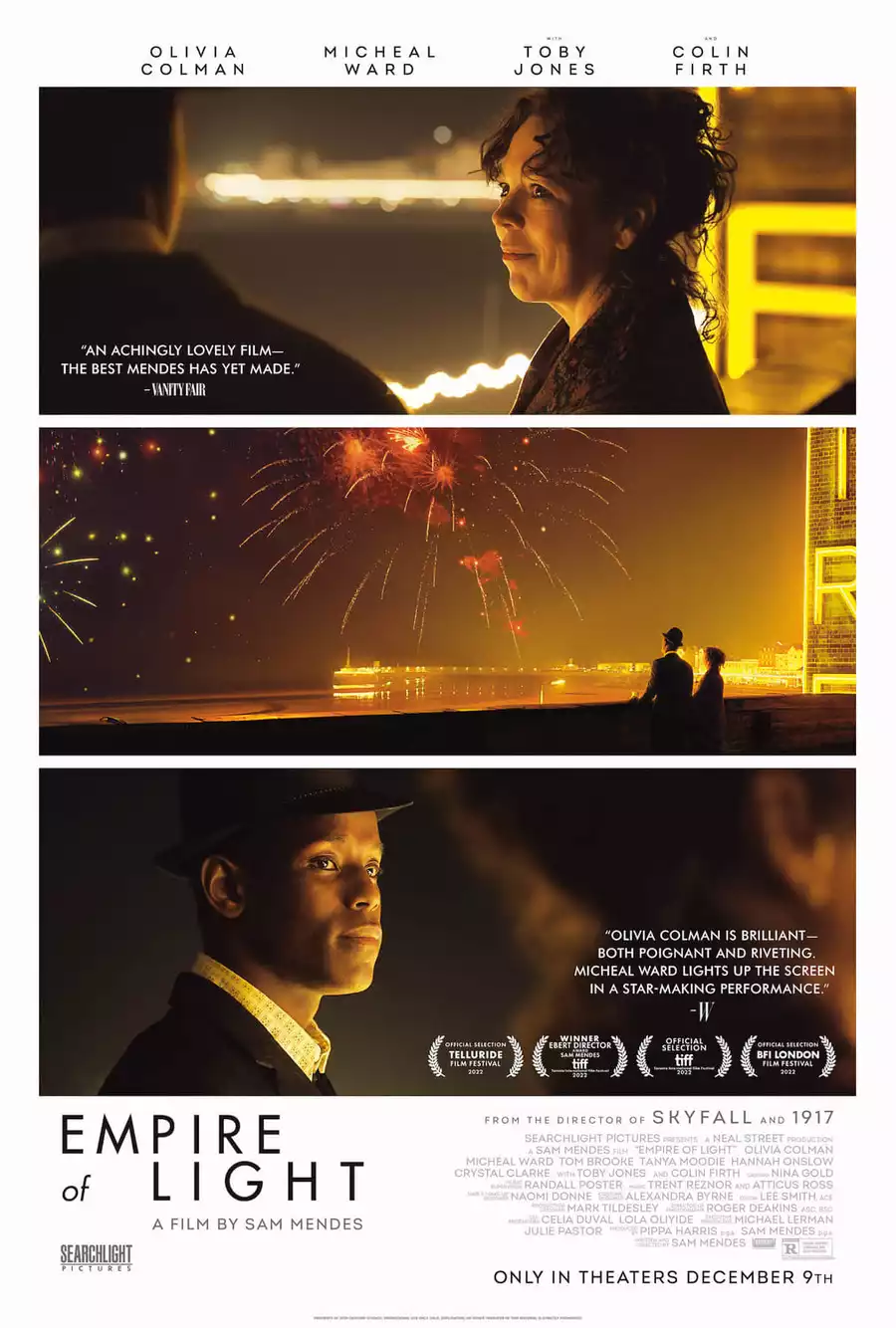 Poster for Sam Mendes' drama «Empire of Light», starring Olivia Colman, Micheal Ward, Colin Firth and Toby Jones.

The film is set in an English coastal town in the early 1980s. It is a powerful and painful story about the power of human connection in turbulent times and the magic of cinema.