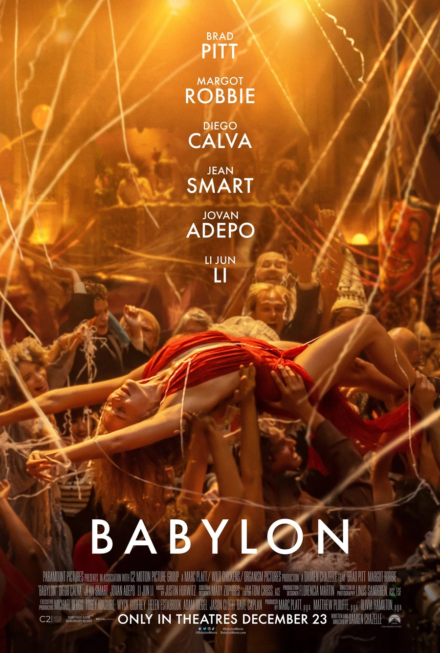 New poster for Damien Chazelle's film Babylon, starring Brad Pitt, Margot Robbie and Diego Calva.. It is a tale of unbridled ambition and shocking excess, in which various characters reach highs and suffer stunning falls during a period of rampant decadence and depravity in early Hollywood.

In cinemas from January 19.