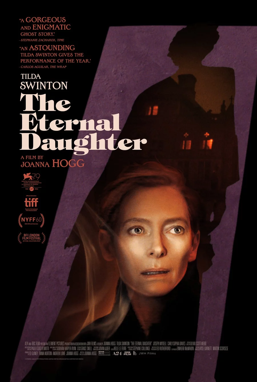 Tilda Swinton on the poster for the mystical drama «The Eternal Daughter», in which the actress played two roles at once - the main character and her mother.. In the new film directed by Joanna Hogg («The Souvenir»), a middle-aged woman and her elderly mother arrive at the former family home, which has turned from a luxurious mansion into an almost deserted hotel full of mystery. There they are caught up with long-buried secrets.