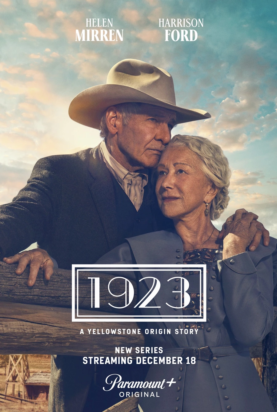 Harrison Ford et Helen Mirren sur l'affiche de la série «1923», qui sera diffusée pour la première fois le 18 décembre sur Paramount +.. Il s'agit d'un préquel au néo-western «Yellowstone» et d'une suite à «1883», qui racontera la vie des deuxième et troisième générations de la famille Dutton, éleveurs dans le Montana. Beaucoup de choses ont changé depuis que James et Margaret Dutton sont arrivés dans la région il y a 40 ans. Leurs enfants de 30 et 40 ans et leurs petits-enfants de 20 ans doivent faire face aux défis d'un nouveau siècle : l'expansion de la mécanisation, le renforcement du gouvernement local et la concurrence pour les ressources avec les autres éleveurs. Aujourd'hui, la famille est dirigée par leur oncle et sa femme.