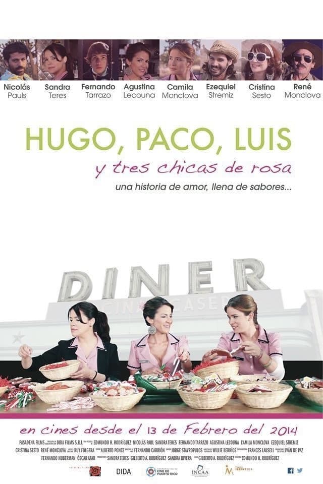 Hugo, Paco, Luis y tres chicas de rosa